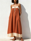 Women's Bohemian Resort Style Linen-Cotton Color-Block Drawstring Cami Maxi Dress ZMZ2816E5YZH