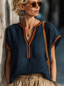 Women's Classic Navy Cotton-Linen V-Neck Short-Sleeve Top With Webbing Trim ZMZ2837E3SWL