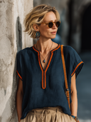 Women's Classic Navy Cotton-Linen V-Neck Short-Sleeve Top With Webbing Trim ZMZ2837E3SWL