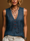 Women's Classic Vintage V-Neck Navy Blue Cotton-Linen Tank Top ZMZ2887E4SWL