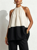 Women's Minimalist Elegant Style Linen-Cotton Color-Block Halter Neck Sleeveless Blouse ZMZ2894E7YZH