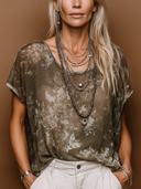 Women's Casual Army Green Chiffon Floral Short-Sleeve Top ZMZ2841E2SWL