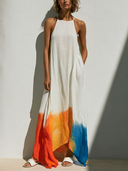 Women's Bohemian Resort Style Linen-Cotton Dip-Dye Halter Neck Sleeveless Maxi Dress ZMZ2865E0YZH