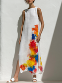 Women's Artistic Resort Style Viscose Watercolor Splash Print Sleeveless Maxi Dress ZMZ2846E4YZH