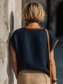 Women's Classic Navy Cotton-Linen V-Neck Short-Sleeve Top With Webbing Trim ZMZ2837E3SWL