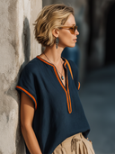 Women's Classic Navy Cotton-Linen V-Neck Short-Sleeve Top With Webbing Trim ZMZ2837E3SWL