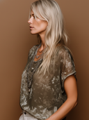 Women's Casual Army Green Chiffon Floral Short-Sleeve Top ZMZ2841E2SWL