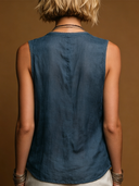 Women's Classic Vintage V-Neck Navy Blue Cotton-Linen Tank Top ZMZ2887E4SWL