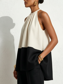 Women's Minimalist Elegant Style Linen-Cotton Color-Block Halter Neck Sleeveless Blouse ZMZ2894E7YZH