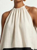 Women's Minimalist Elegant Style Linen-Cotton Color-Block Halter Neck Sleeveless Blouse ZMZ2894E7YZH