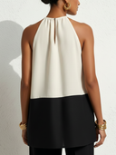 Women's Minimalist Elegant Style Linen-Cotton Color-Block Halter Neck Sleeveless Blouse ZMZ2894E7YZH