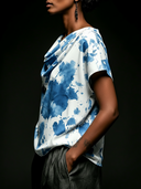 Women's Artistic Casual Style Rayon Watercolor Splash Print Cowl Neck Short Sleeve Blouse ZMZ2871E9YZH