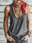 Women's Retro Casual Street Style Cotton Distressed Frayed Edge Sleeveless Tank Top ZMZ2993E9ZJY