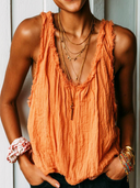 Women's Retro Casual Street Style Cotton Linen Pleated Frayed Edge Sleeveless Tank Top ZMZ2903E7ZJY