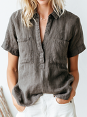 Women's Retro Casual Washed Linen Pocket Short-Sleeve Pullover Shirt ZMZ2974E5ZJY