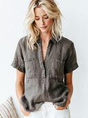Women's Retro Casual Washed Linen Pocket Short-Sleeve Pullover Shirt ZMZ2974E5ZJY