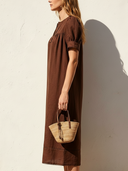 Women's Old Money Casual Style Linen-Cotton Lace Trim Puff Sleeve Notch Neck Midi Dress ZMZ2292E9YZH