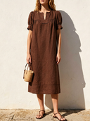 Women's Old Money Casual Style Linen-Cotton Lace Trim Puff Sleeve Notch Neck Midi Dress ZMZ2292E9YZH