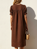 Women's Old Money Casual Style Linen-Cotton Lace Trim Puff Sleeve Notch Neck Midi Dress ZMZ2292E9YZH