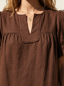Women's Old Money Casual Style Linen-Cotton Lace Trim Puff Sleeve Notch Neck Midi Dress ZMZ2292E9YZH