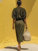 Women'sModern Resort Style Linen-Cotton Smocked Neck Puff Sleeve Blouse & High-Waisted Skirt Co-ord Set ZMZ1589E0YZH