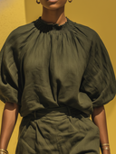 Women'sModern Resort Style Linen-Cotton Smocked Neck Puff Sleeve Blouse & High-Waisted Skirt Co-ord Set ZMZ1589E0YZH