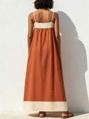 Women's Bohemian Resort Style Linen-Cotton Color-Block Drawstring Cami Maxi Dress ZMZ2816E5YZH