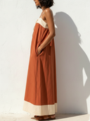 Women's Bohemian Resort Style Linen-Cotton Color-Block Drawstring Cami Maxi Dress ZMZ2816E5YZH