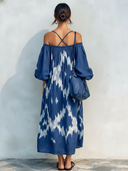 Women's Retro Casual Ethnic Geometric Print Off-Shoulder Loose Short Sleeve Midi Dress ZMZ2746E1ZJY