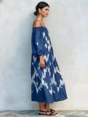 Women's Retro Casual Ethnic Geometric Print Off-Shoulder Loose Short Sleeve Midi Dress ZMZ2746E1ZJY