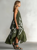 Women's Retro Casual Ethnic Geometric Print Square Neck Loose Sleeveless Midi Dress ZMZ2711E1ZJY