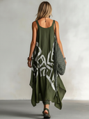 Women's Retro Casual Ethnic Geometric Print Square Neck Loose Sleeveless Midi Dress ZMZ2711E1ZJY