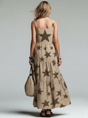 Women's Retro Casual Western Style Star Print Square Neck Sleeveless Maxi Dress ZMZ2719E2ZJY