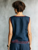 Women's Retro Casual Cotton Linen Embroidered Round Neck Sleeveless Top ZMZ2752E6ZJY