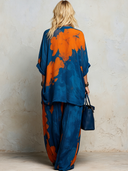 Women's Retro Casual Cool Color Block Print V-Neck Elbow-Sleeve Top And Pants Set ZMZ2722E6ZJY
