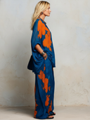 Women's Retro Casual Cool Color Block Print V-Neck Elbow-Sleeve Top And Pants Set ZMZ2722E6ZJY