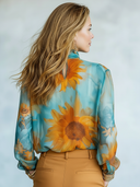 Women's Retro Chiffon Sunflower Floral Stand Collar Long Sleeve T-shirt ZMZ2733E2ZJY