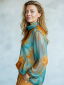 Women's Retro Chiffon Sunflower Floral Stand Collar Long Sleeve T-shirt ZMZ2733E2ZJY
