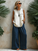 Women's Casual White Cotton-Linen Tank Top And Navy Wide-Leg Pants Set ZMZ2992E3SWL