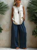 Women's Casual White Cotton-Linen Tank Top And Navy Wide-Leg Pants Set ZMZ2992E3SWL
