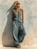 Women's Classic Commuter V-Neck Vest And Wide-Leg Pants Set ZMZ2904E9SWL