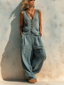 Women's Classic Commuter V-Neck Vest And Wide-Leg Pants Set ZMZ2904E9SWL