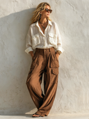 Women's Classic Commuter Set: Crinkled Ice Silk Long-Sleeve Shirt & Brown Cargo Pants ZMZ2907E7SWL