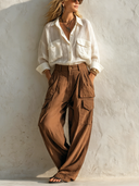Women's Classic Commuter Set: Crinkled Ice Silk Long-Sleeve Shirt & Brown Cargo Pants ZMZ2907E7SWL