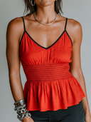 Women's Casual Vacation Cotton-Linen Contrast-Color Shirred Waist Tank Top ZMZ2961E6ZYY