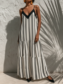 Women's Casual Vacation Vertical Stripe Print, V-Neck, Spaghetti Straps, Loose Fit Cotton-Linen Dress ZMZ2985E3ZYY