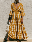 Women's Casual Vacation Cotton-Linen Plaid Print V-Neck Flared-Sleeve Loose-Fit Maxi Dress ZMZ2925E1ZYY