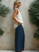 Women's Casual White Cotton-Linen Tank Top And Navy Wide-Leg Pants Set ZMZ2992E3SWL