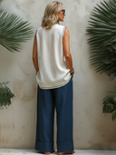 Women's Casual White Cotton-Linen Tank Top And Navy Wide-Leg Pants Set ZMZ2992E3SWL