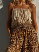 Women's Bohemian Resort Style Leopard Print Sleeveless Smocked-Waist Two-Piece Set ZMZ2971E0YZH